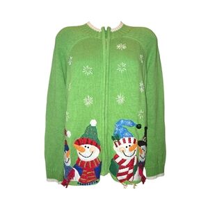 Tiara Intl. Christmas Coll. Vintage Green Snowman Full Zip Cardigan Sweater Sz M